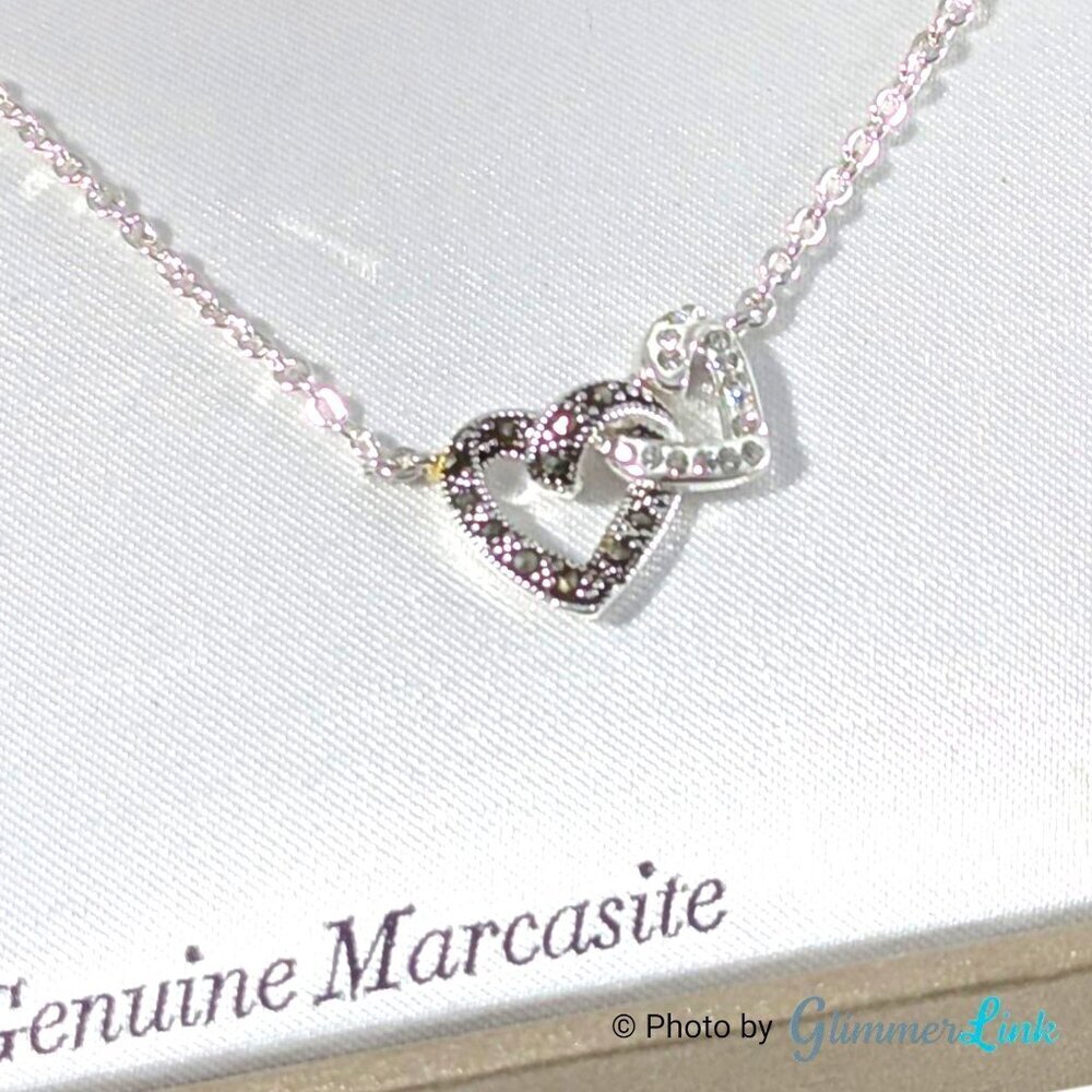 Kohl’s SilverLuxuries Silver Plated Marcasite Double Heart Necklace – 18" Chain